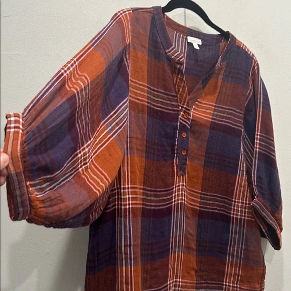 Garnet Hill Warm fall Plaid 100% organic Cotton Top blouse 3/4 sleeve size 8 - Picture 3 of 8